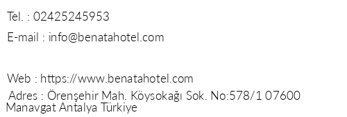 Benata Hotel telefon numaralar, faks, e-mail, posta adresi ve iletiim bilgileri